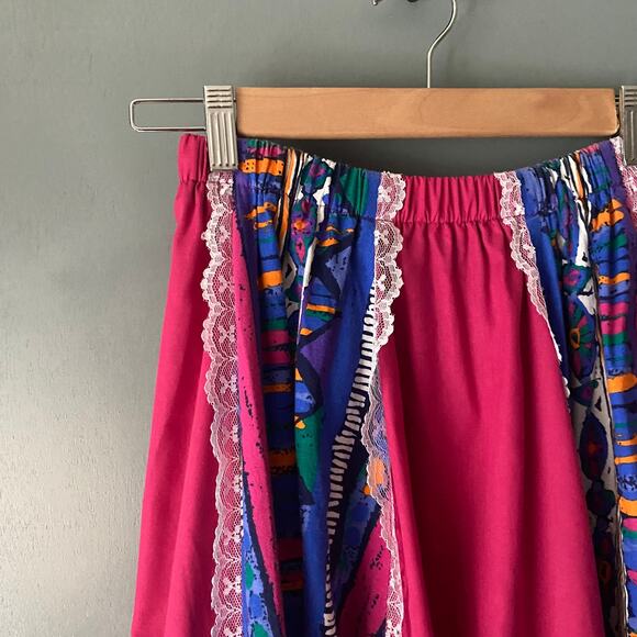 PITCHFORK BRAND Vintage 70's Womens M Prairie Skirt Vibrant Pink Lace Abstract - Picture 2 of 9